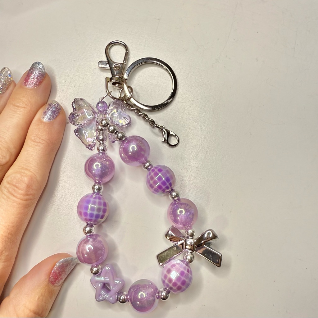 Handmade- Purple Bracelet Keychain With Bow Charms.